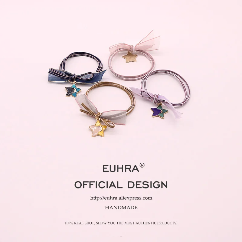 

EUHRA 4 Colors Striped Lace Elastic Cute Bow-Knot and Five Star For Women Girls Hair Band Kid Children Rubber Band New Design