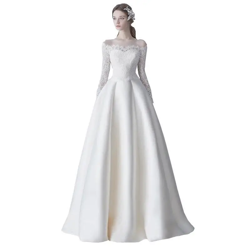 

Satin A Line Wedding Dresses with Lace Appliques 2019 Floor Length Bridal Gowns Lace Up