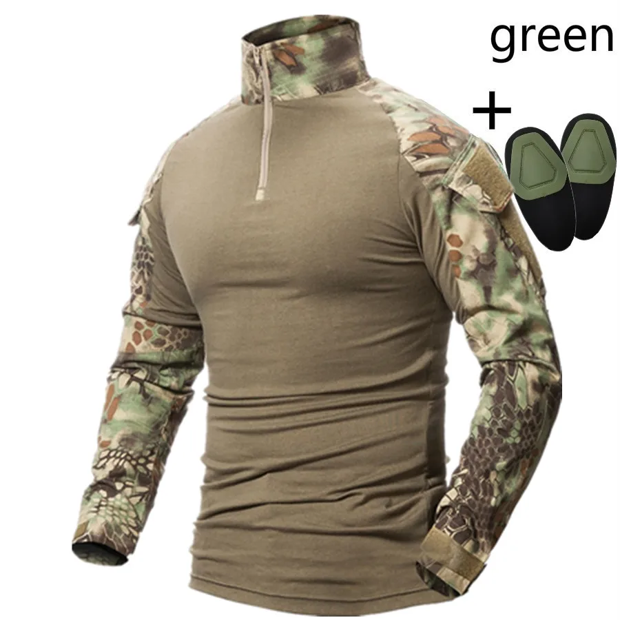 Армейская военная форма камуфляж быстросохнущая футболки Тактический Comba футболки страйкбольных игры Костюмы рубашка с налокотниками - Цвет: Зеленый