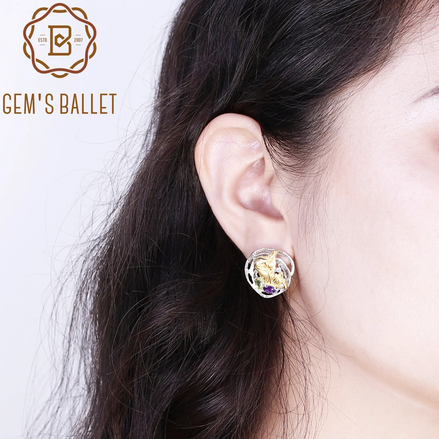

GEM'S BALLET Real 925 Sterling Silver Natural Amethyst Peridot Earrings Handmade Lotus Pond Clip Earrings For Women Fine Jewelry