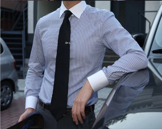 white collar blue striped dress shirt