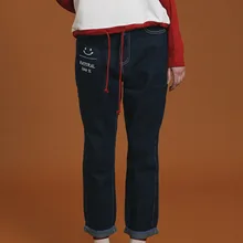 Прямые брюки джинсы с высокой талией на пуговицах темно-синие джинсы модные весенне-летние манжеты длинные женские брюки с вышивкой буквами