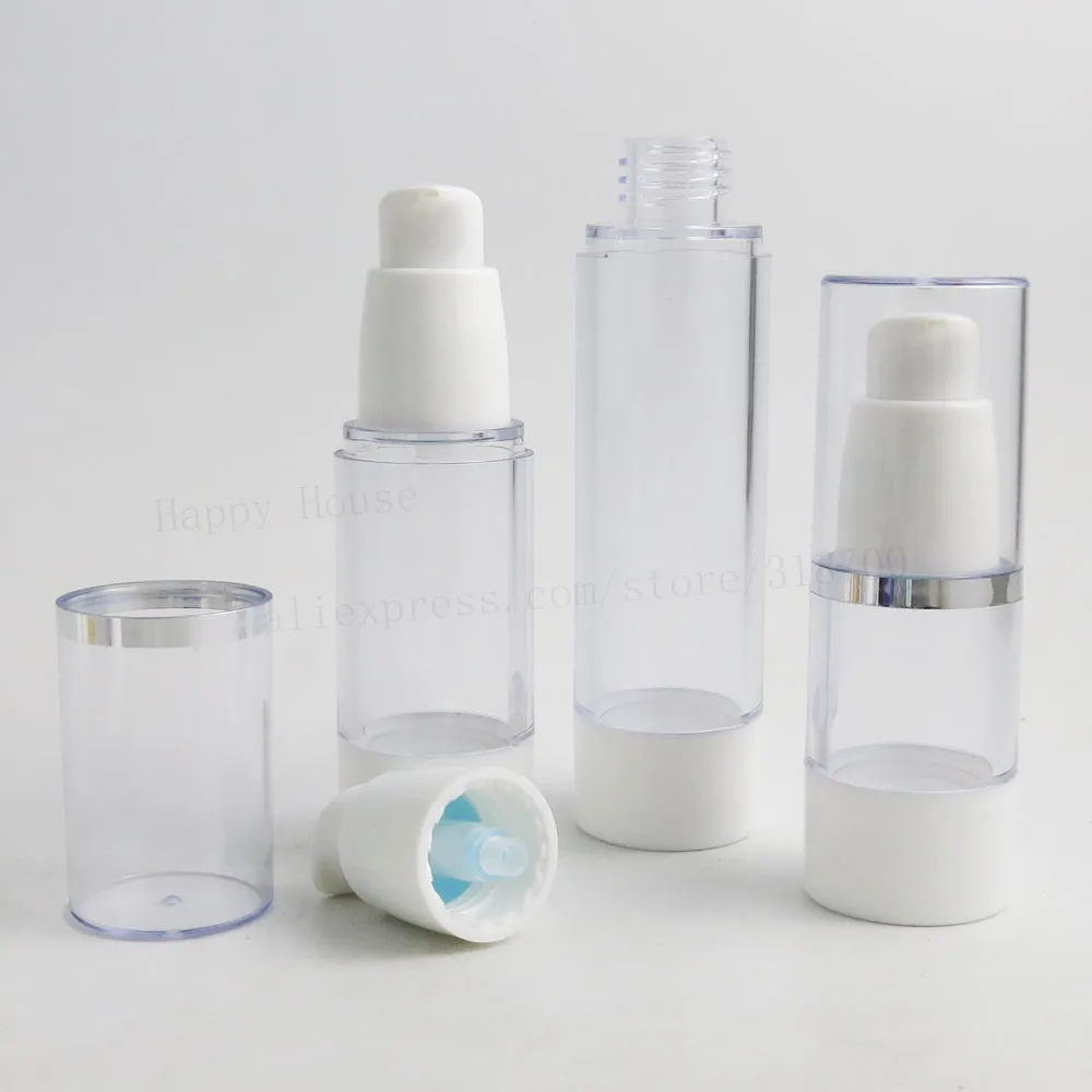 24 x 15ml 30ml 50ml Clear Plastic Airless White Pump Bottle with silver edged lid Refillable 3
