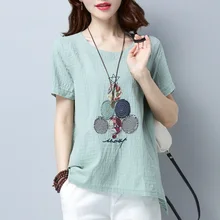 Хлопковая женская Свободная куртка большого размера с коротким рукавом Летняя женская Новая повседневная футболка с вышивкой