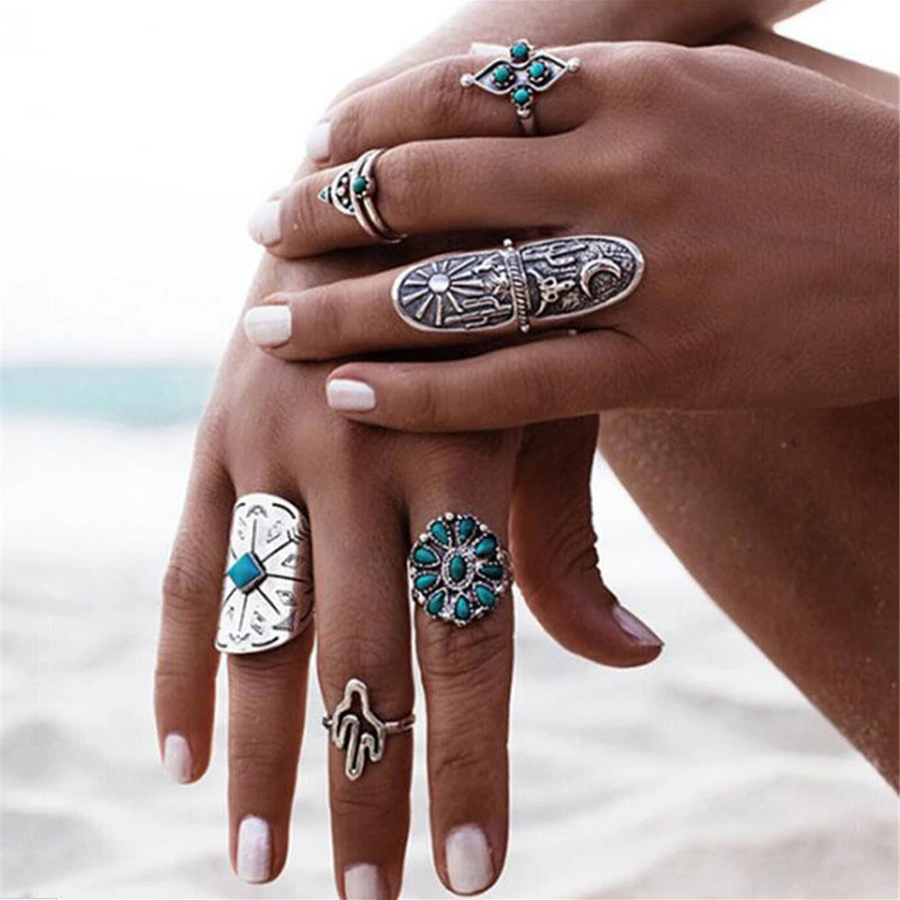 

2018 Fashion New Bohemian Ring Set 9pcs/Set Boho Vintage Punk Silver Color Stone Midi Finger Rings For Women /Men Jewelry