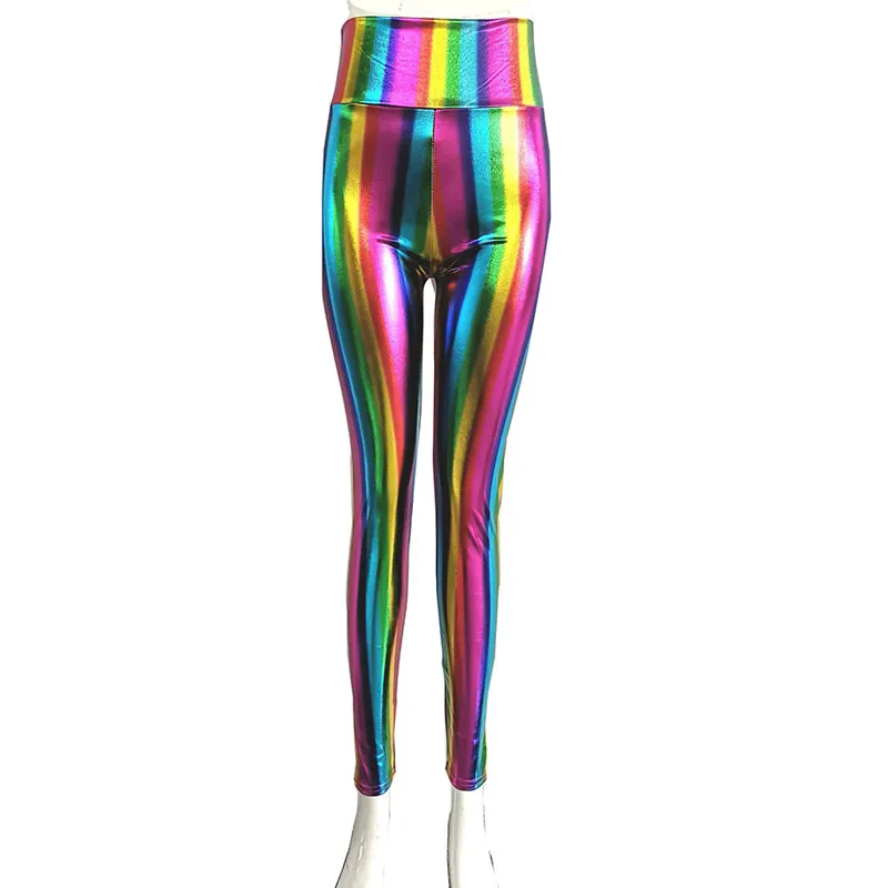 Женские танцевальные рок брюки в стиле диско женские уличные радужные полосатые леггинсы неоновые поддельные высокая талия кожаные обтягивающие брюки
