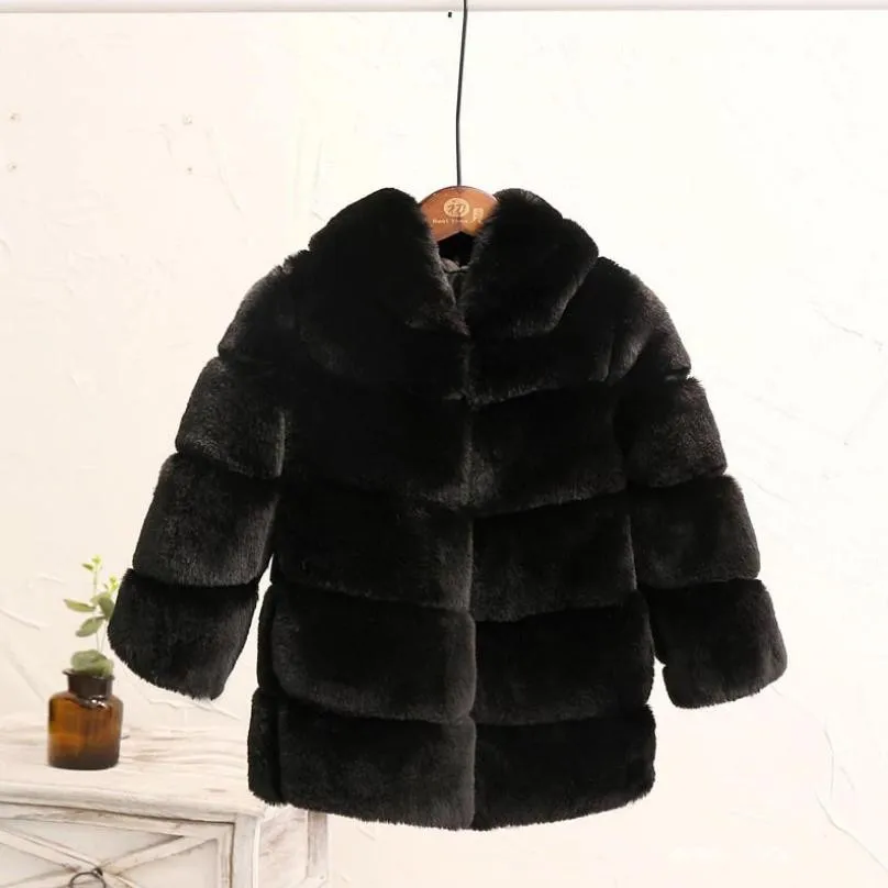 2-8 year Children's Faux Fur Coat Imitation Rex Rabbit Fur Girls Thicker kids Clothing Baby Winter warm Hooded Overcoat Y13 - Цвет: black