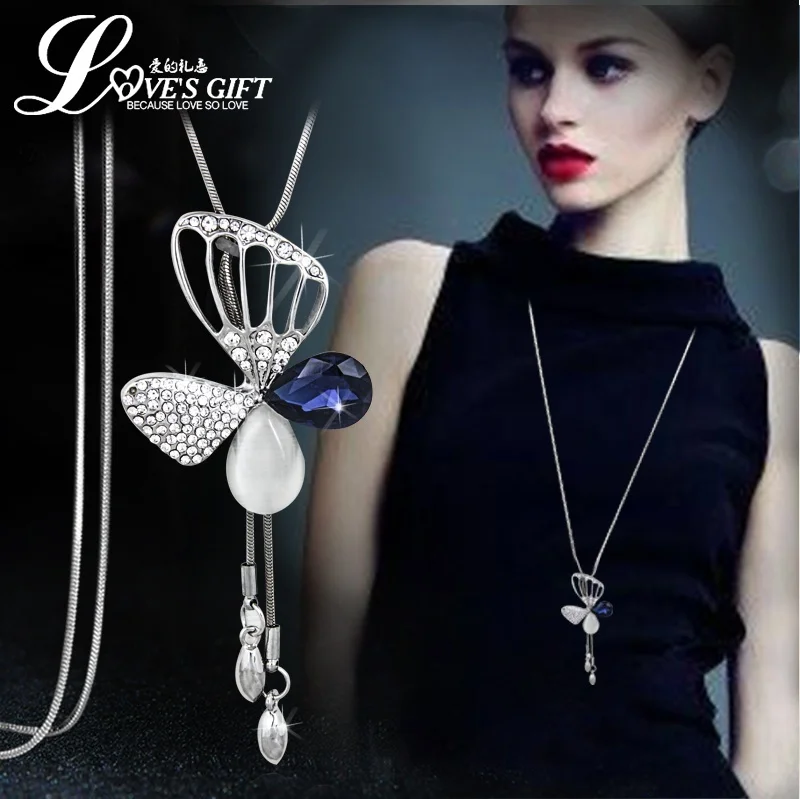 

Baloki Romantic Crystal Butterfly Tassel Long Chain Necklace For Women Bijoux Fashion Jewelry Necklaces & Pendants Accessories
