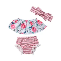 Летняя одежда в полоску с цветочным принтом для новорожденных девочек блузка с открытыми плечами топы с кисточками, комбинезон, шорты 3