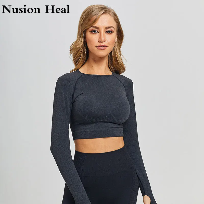 ★ 11 Стиль Женские Розовые Бесшовные С Длинным Рукавом Crop Top Yoga Рубашки с Отверстием Пальца Бег Ф ✔