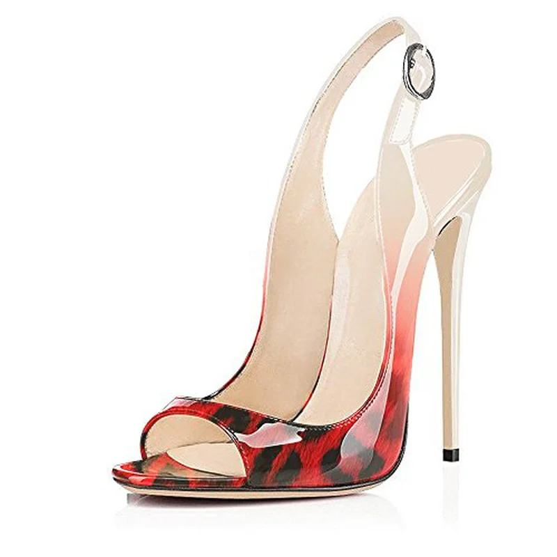 

US4-12 Women Peep Toe Stilettos High Heel Patent Leather Slingbacks Leopard Ankle Buckle Shoes Plus Sz Pumps A1061