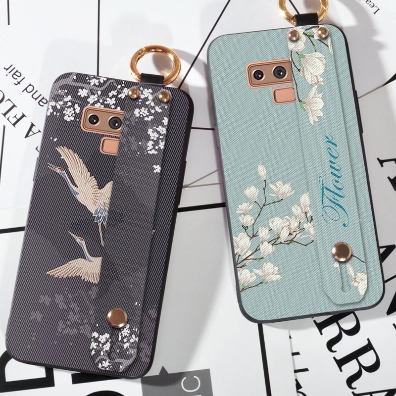 

Soft Silicone Strap Holder Case For Samsung Galaxy Note 5 8 Flower Bird Back Cover Cases For Samsung Note 9 Coque Funda