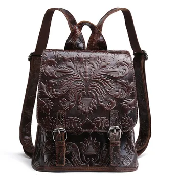 

Women's Oil Wax Leather First Layer Cowhide Embossed Bag Tote Vintage Back Pack Student Travel Backpacks New