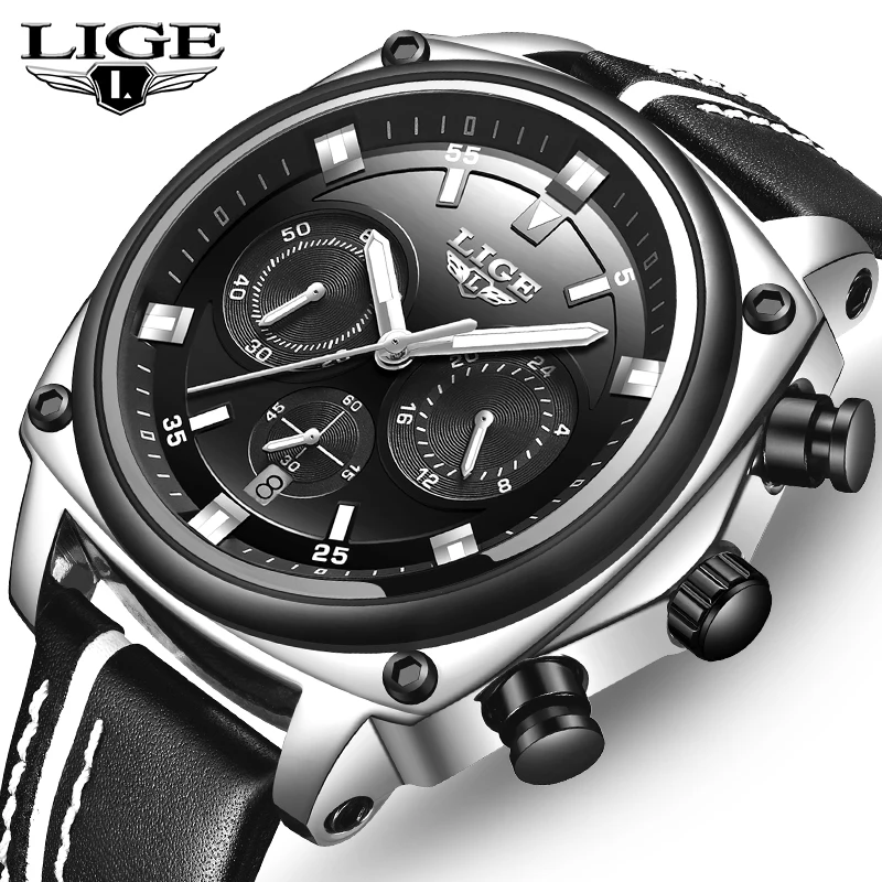 

LIGE Fashion Top Brand Luxury Mens Watches Big Dial Business Military Quartz Watch Leather Waterproof Sport Chronograph Men Watc