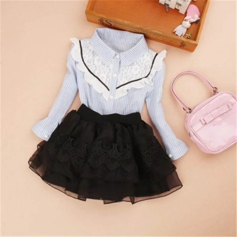 

2017 Baby Toddler Teenage Big Girls Blouse With Collar Fall Lace Long Sleeve Ruffles Striped School Girl Tops Kids Shirts AA2492
