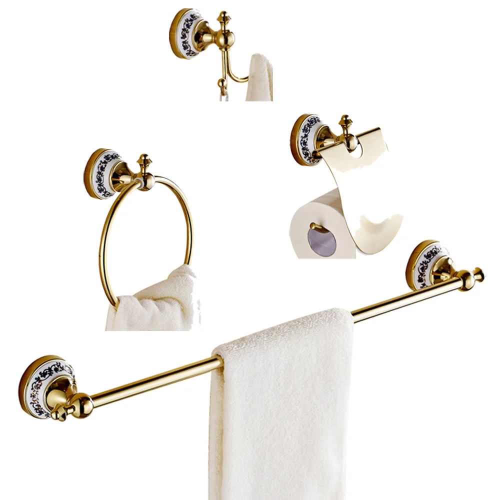 

Leyden Golden Brass And Creamic Modern 4pcs Bathroom Hardware Sets Towel Bar Holder Towel Ring Toilet Paper Holder Robe Hooks