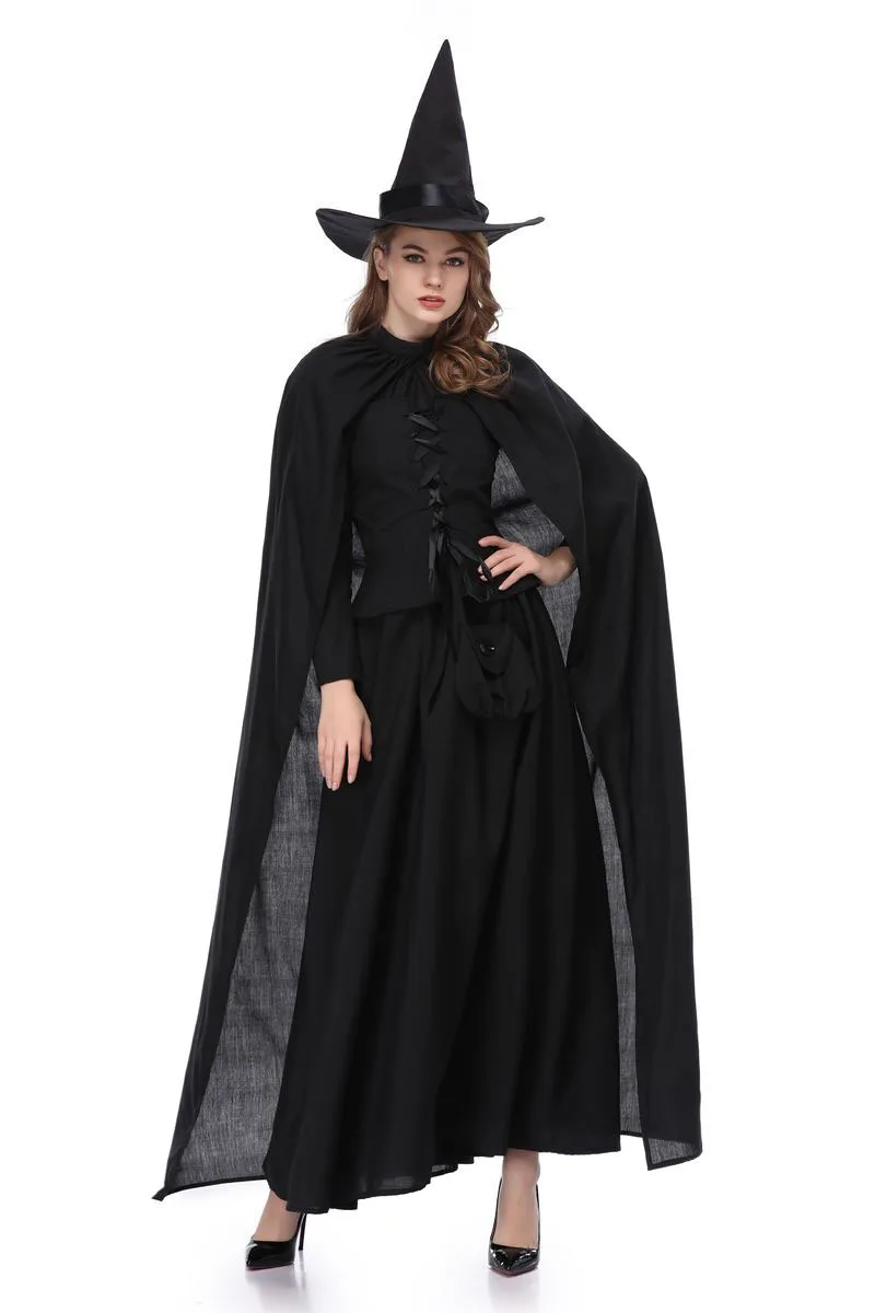 

Adult Women Halloween Witch Gothic Costume Long Robe Dress Black Cosplay Vintage Cloak Fancy Outfit For Girls S-XL Plus Size