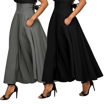 

Ladies Stretch High Waist Skater Flared Pleated Swing Long Skirt with Belt