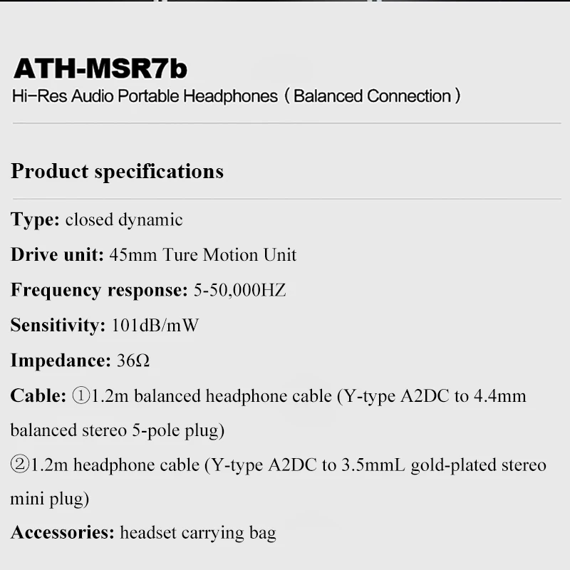 Оригинальные наушники Audio-Technica ATH-MSR7b, профессиональные наушники, гарнитура Hi-Res, портативные Наушники Hi-Fi, сбалансированное соединение