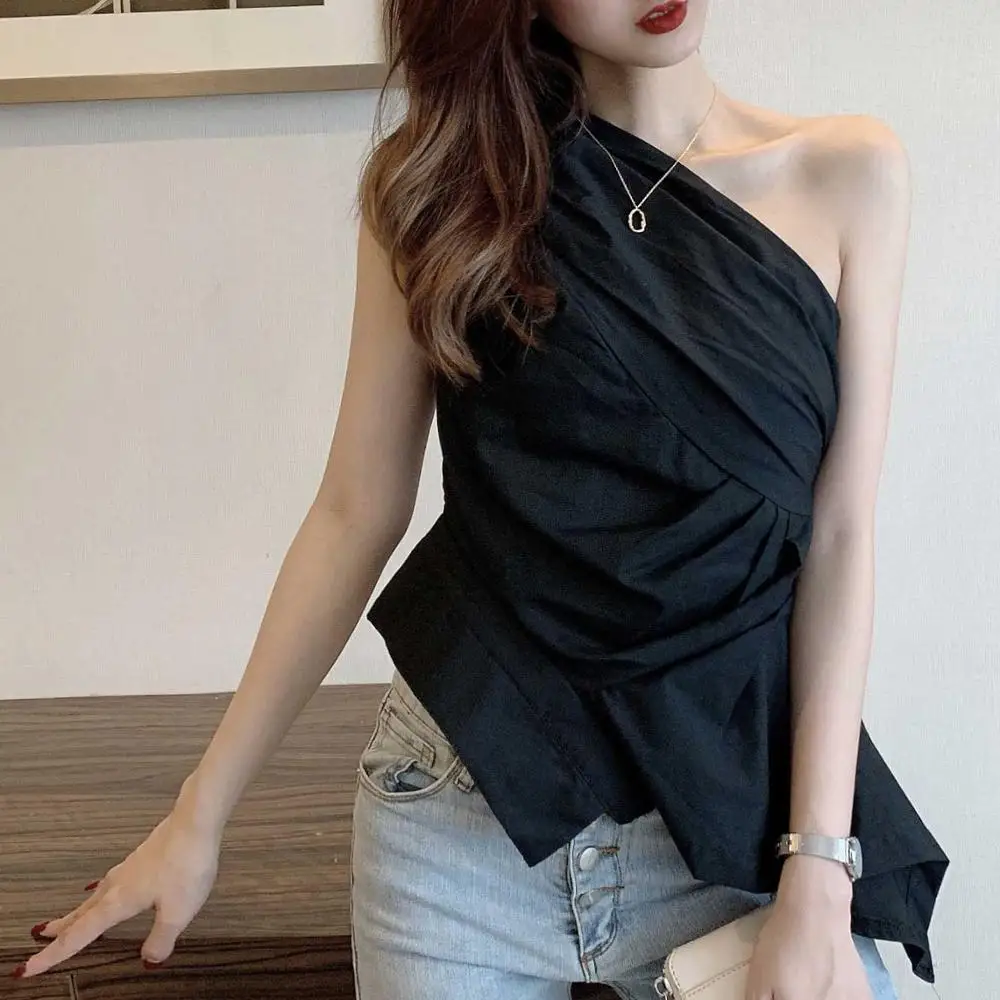 Cena RealShe 2019 koszulka żeńska kobiety ukośny kołnierz jedno ramię bez rękawów jednolite topy i bluzka kobieta lato koszula na co dzień odzież