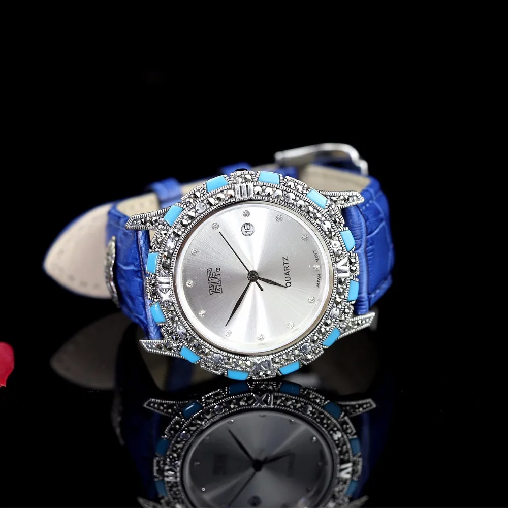 Высокое качество ВЧ бренд мужской серебряный браслет кожаные часы настоящие серебряные часы чистый серебряный жемчужный браслет часы Настоящий Серебряный браслет