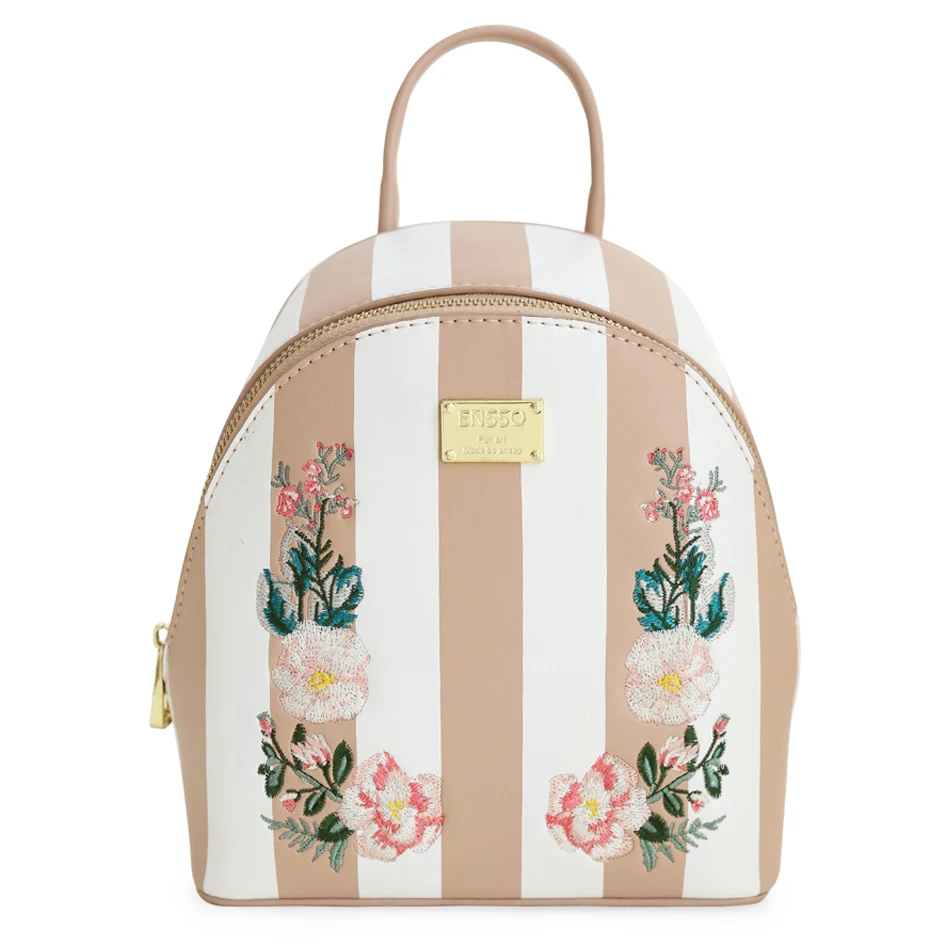 

ENSSO New Arrival Stripe Japan Style Flower Prints Embroidery Rose Small Leather PU Girl's Book Bag Backpack Shoulder Bags