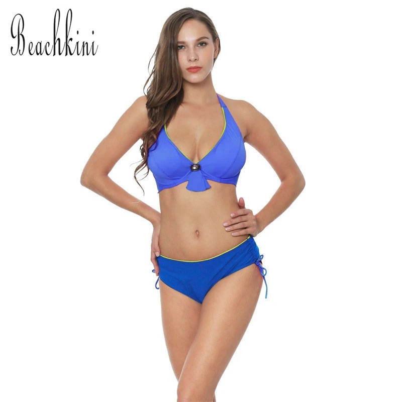 

2017 New Women's Push Up Swimwear Sexy Halter Bikini Set Strappy Tankinis Retro Bathing Suit Solid Beachwear Bquini