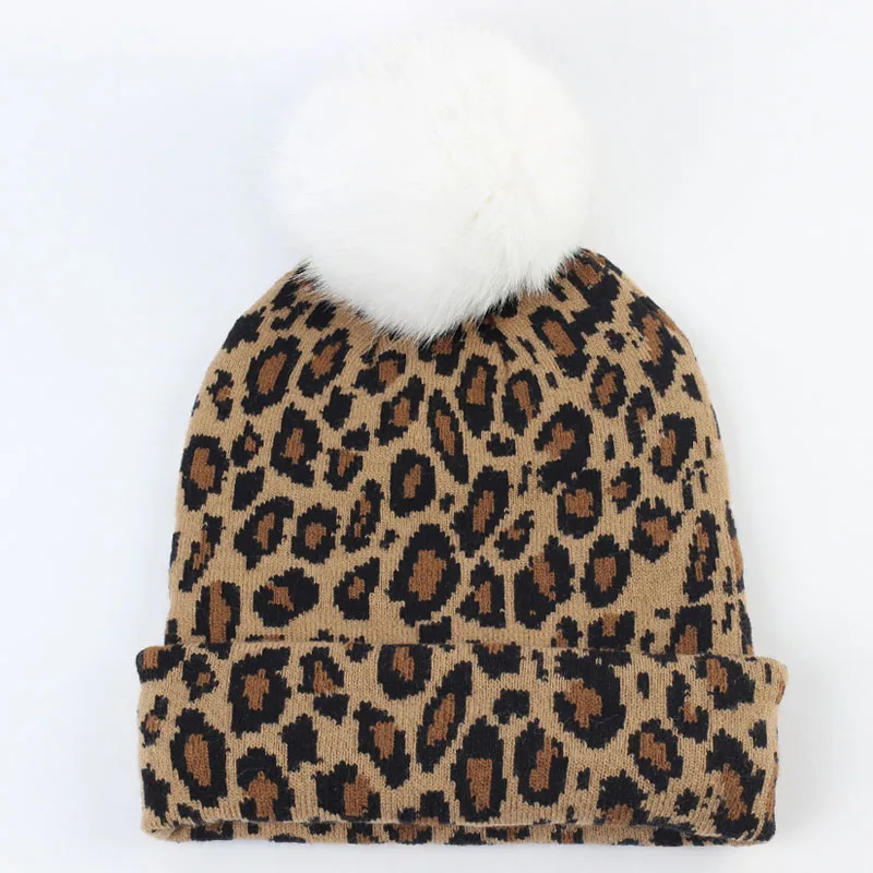 Geebro, Женская леопардовая шапочка, шапка с помпоном из меха лисы, зимние теплые леопардовые громоздкие шапочки с помпоном из натурального меха, Femme Skullies - Цвет: Khaki White