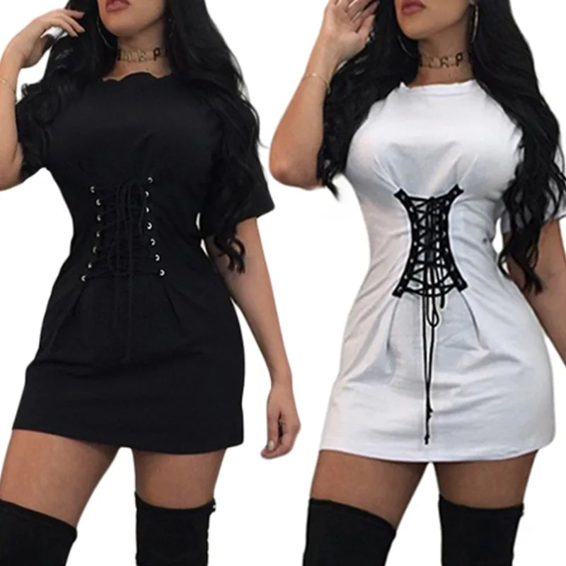Летние Шорты рукавом повязки o-образным вырезом Кружево корсет пояс Bodycon платье