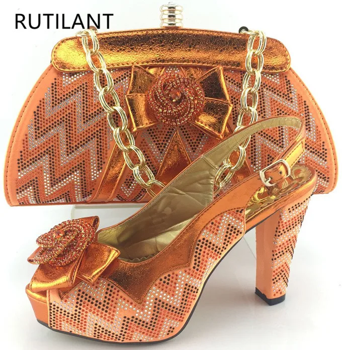 New Arrival Orange Color African Wedding Shoe and Bag Set Matching Shoe