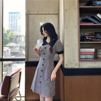 

Vintage Peter Pan Collar Button Plaid Short Dress Retro Short Sleeve Slim Ladies Dress Sundress Vestidos