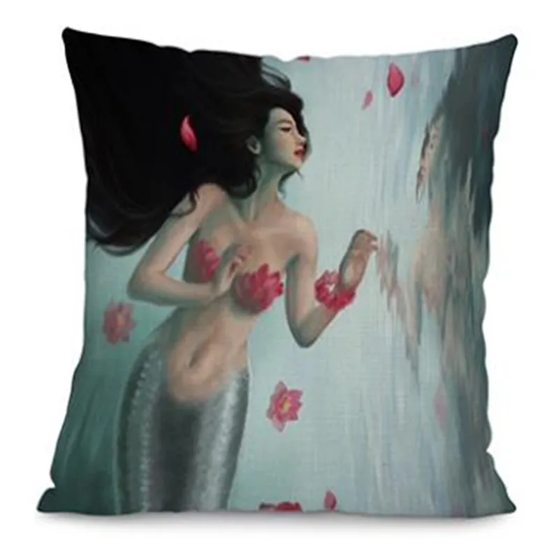 Marine Style Mermaid Painting Pattern Coffee House Chair Waist Decorative Cushion Cover Bedroom Throw Pillowcase 18"