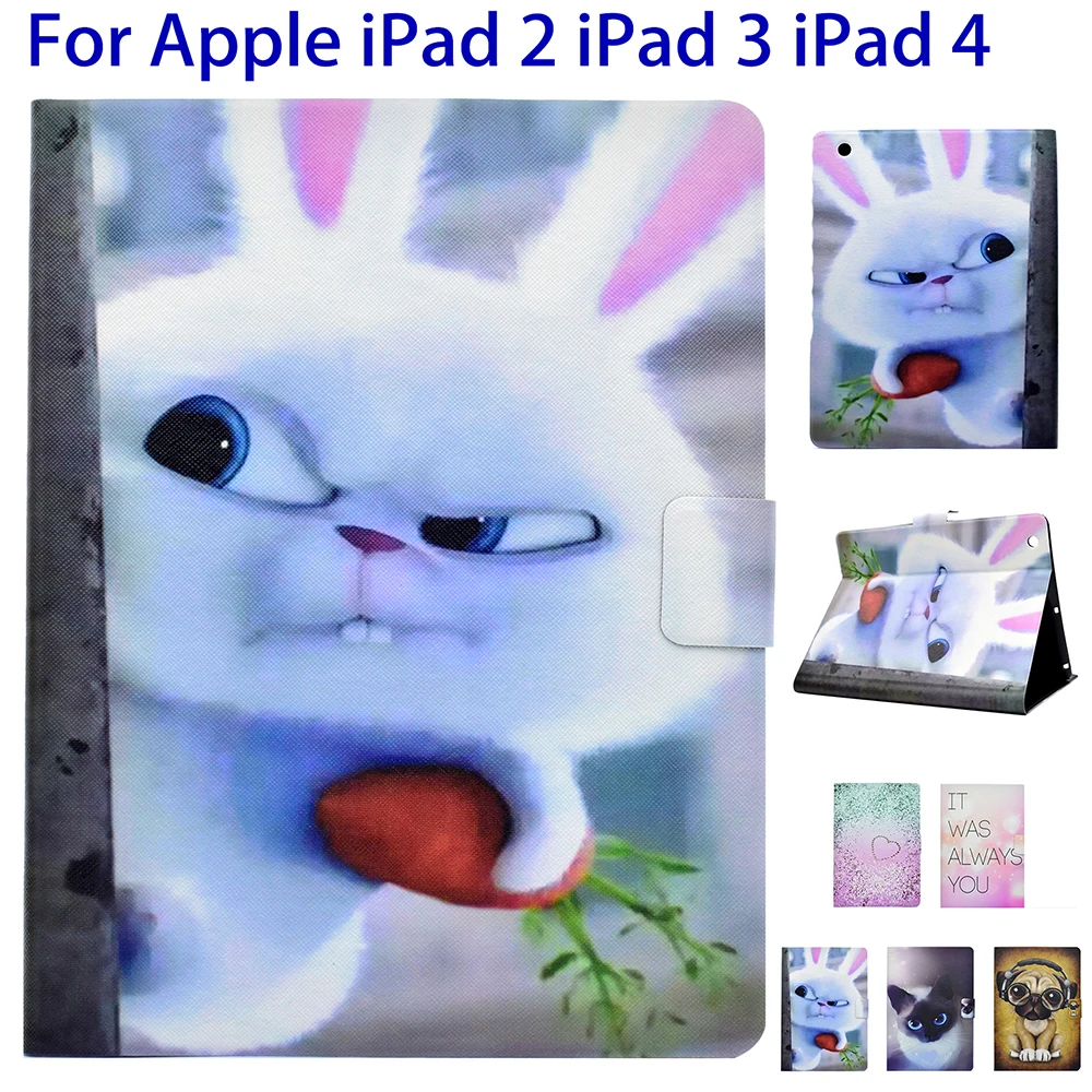 

Stand Tablet Cover Shell Case For Apple ipad 2 ipad 3 ipad 4 Case Cute Dog Cat Elephant Rabbit Heart Pattern coque para capa