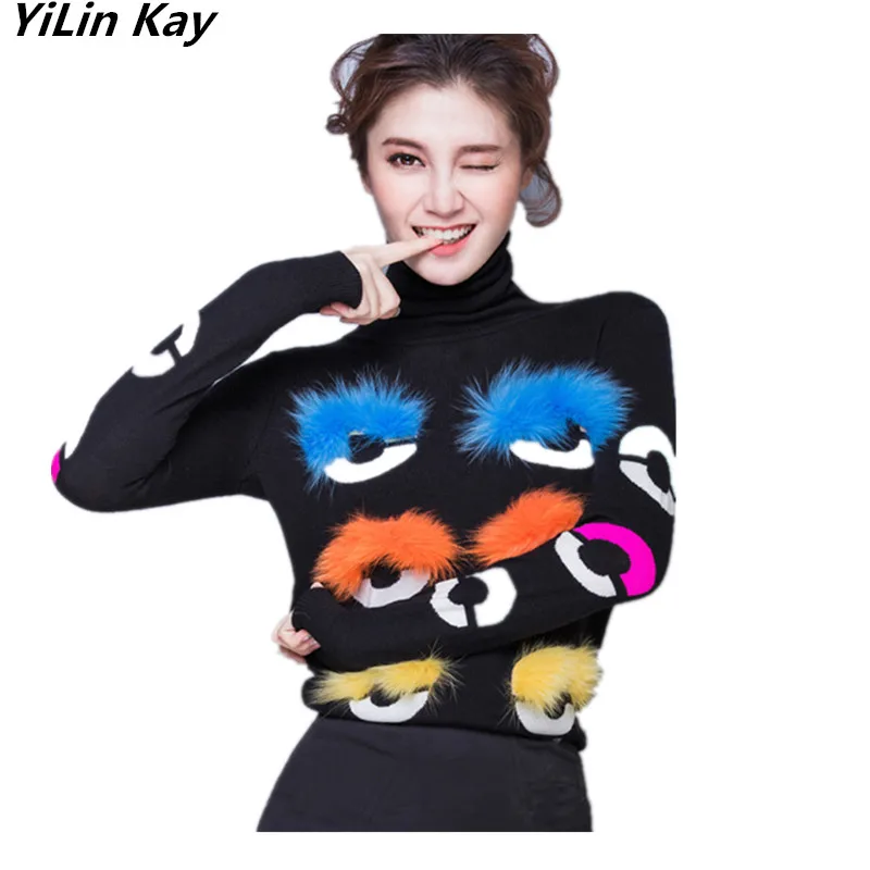 

2019 high quality female infant pullover Runway Women's long sleeve High collar Fur fox eyes women sweaters and pullovers