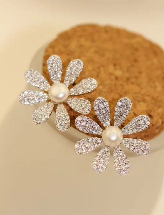 Genuine High Quality Large Flowers Zircon Stud Earrings Pearl Gem Genuine High Quality Large Flowers Zircon Stud Earrings Pearl Gem Flower Full Of Crystal For Women In From Jewelry