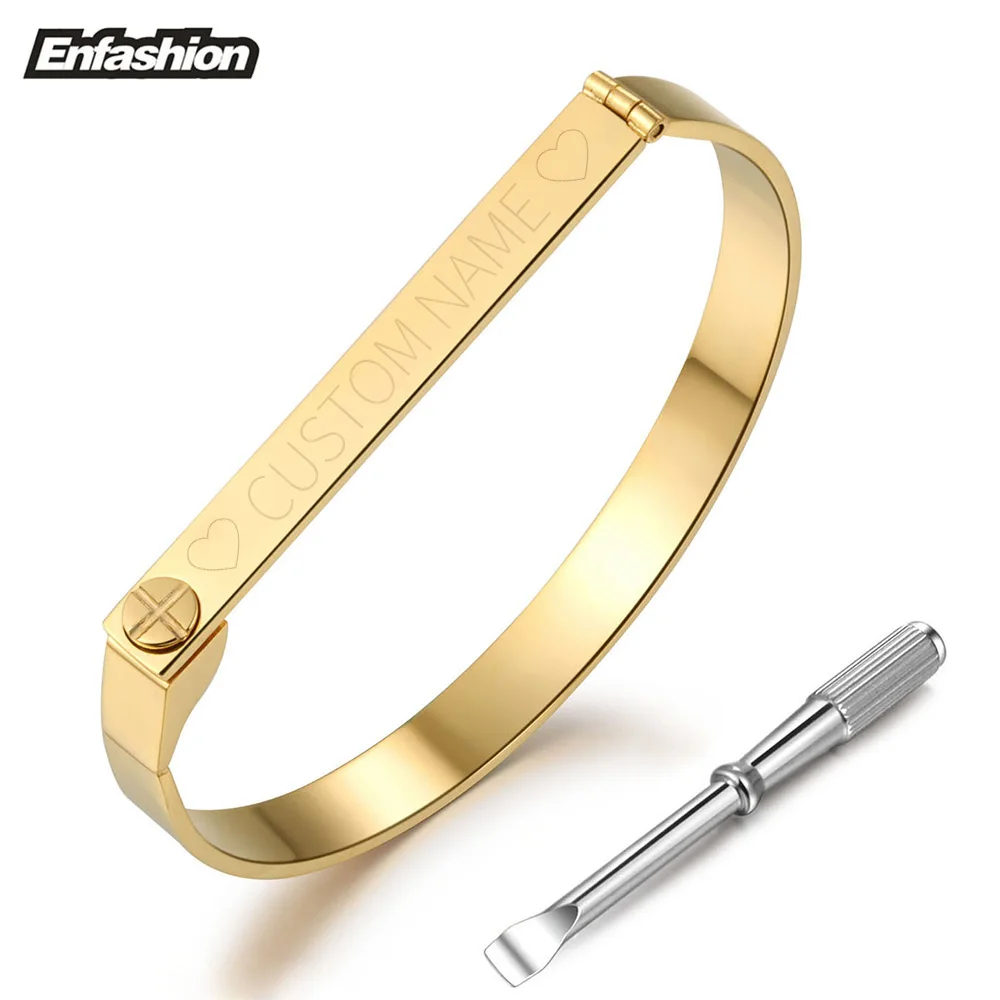 Enfashion Personalized Engraved Name Bracelet Gold Plated Bar Screw Bangle Love Bracelets For