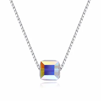 

S925 crystal Swarovsk Elements Square sterling silver necklace CZ Pendant Necklace For Women Ladies Lover Valentine's Day Gifts