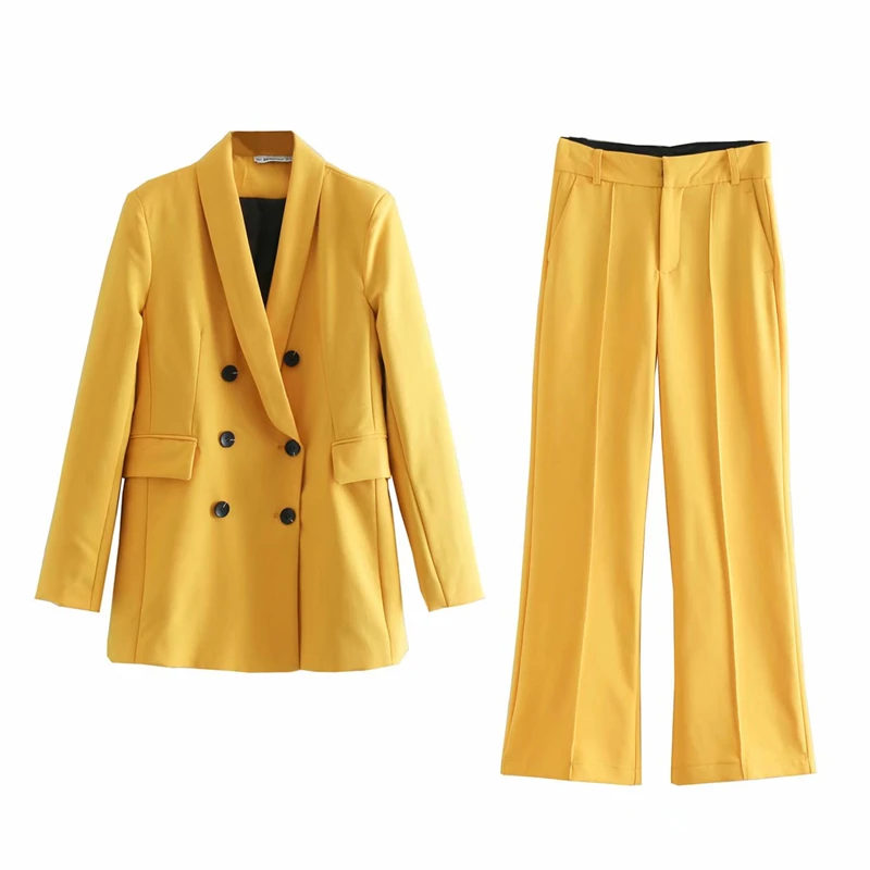 

Fashion Women Spring Blazer Suit Double Breasted Coat Jacket High Waist Flare Pants Set Office Solid Suit Sets Blazer Pants 2pcs