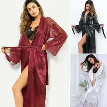 Сексуальный женский Шелковый кружевной халат ночная рубашка пижамы кимоно длинный рукав бандаж длинные халаты Ночная рубашка