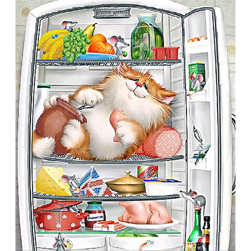 

LI LOYE The cat in the fridge Cross Stitch icon DIY 5D Cross Stitch Set Wholesale Crossstitch Kits Embroidery Needlework RT330