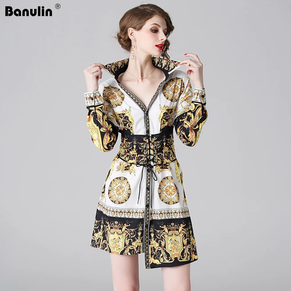 

Banulin 2019 Spring Summer Runway Short Dress Women's Long Sleeve Vintage Printed Sexy Party V Neck Slim Girdle Dresses B6912