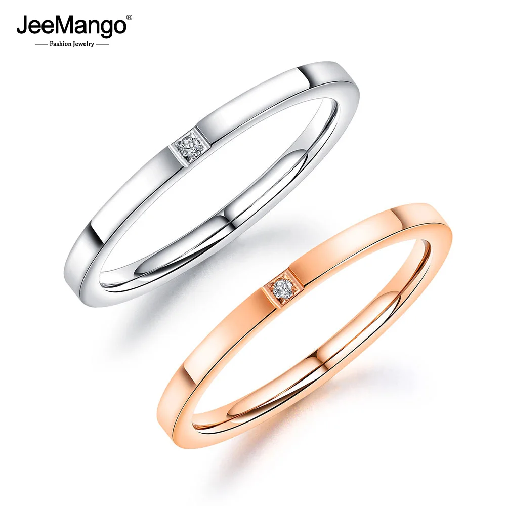

JeeMango Stainless Steel 2mm White Cubic Zirconia Stone Rings Jewelry For Women Trendy Office Rose Gold Finger Rings JOGJ660