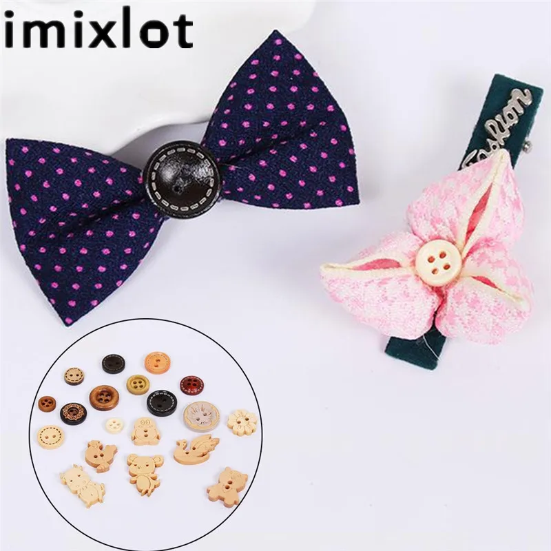 Imixlot Mixed 50Pcs Solid Wood Cartoon Buttons Cute Baby Clothes Buckle