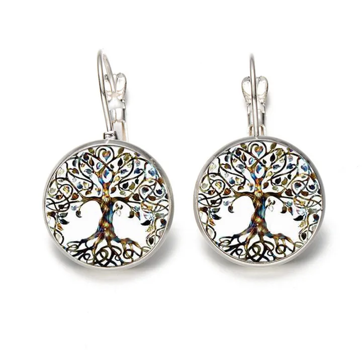2018 Tree of Life Flower Stud Earrings Vintage Tree of Life Cabochon  Glass Earrings for Women Jewelry Gifts