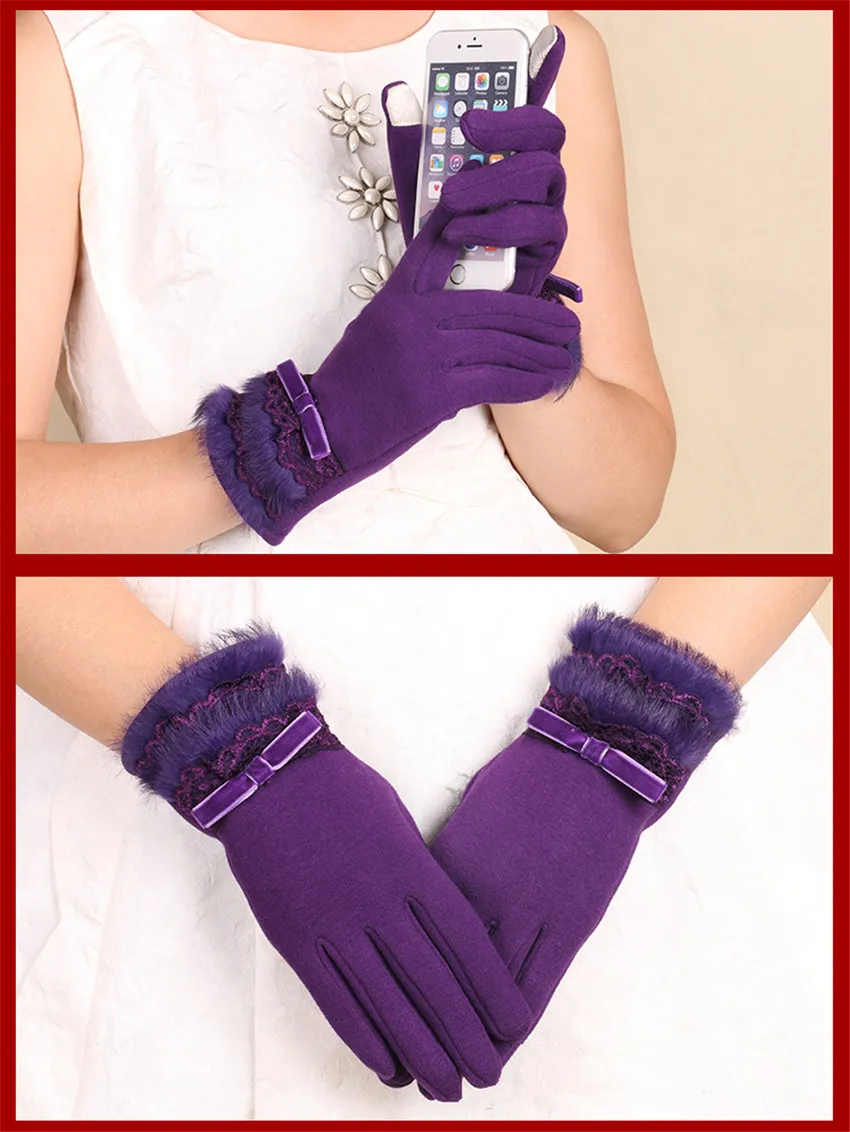 1 пара, женские кашемировые перчатки с сенсорным экраном, полный палец, Осень-зима, теплые кроличьи меховые кружевные перчатки для вождения, элегантные фиолетовые перчатки