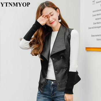 

YTNMYOP High Street Women Leather Vest Outerwear Black Turn-Down Collar Sleeveless Ladies Clothing Leather Short Tops Vest Coat