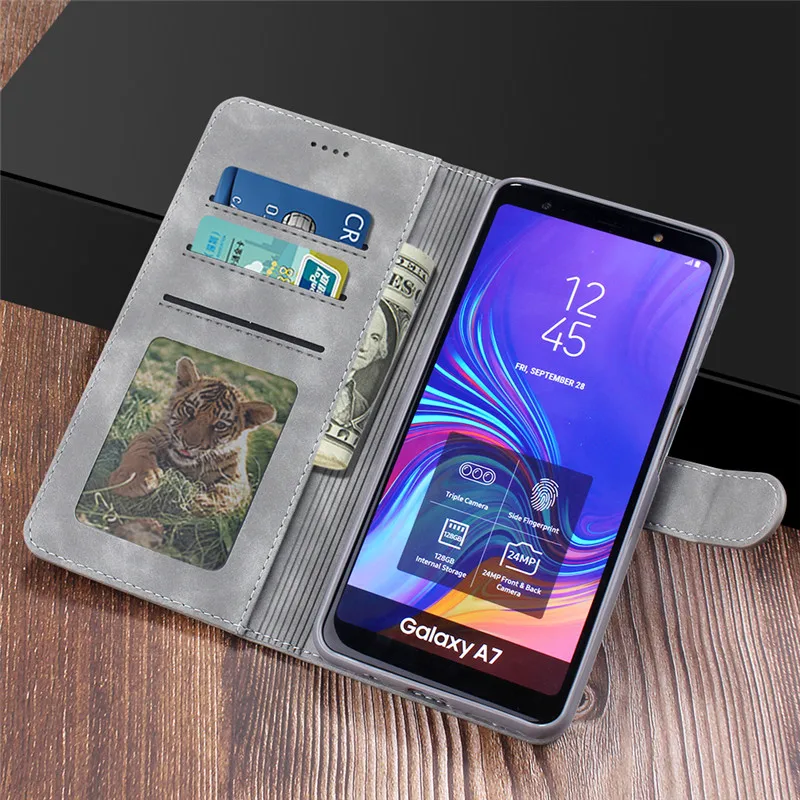 Кожаный чехол для Samsung Galaxy A7 2018 Винтажный телефона откидной Магнитный бумажник