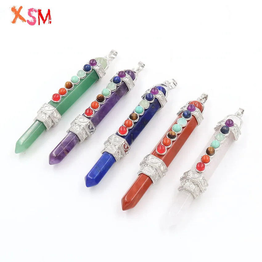 

xinshangmie Silver Plated Natural Amethysts Rock Crystal Red Stone Pendulum Charms Reiki Healing 7 Chakra Pencil Point Pendants