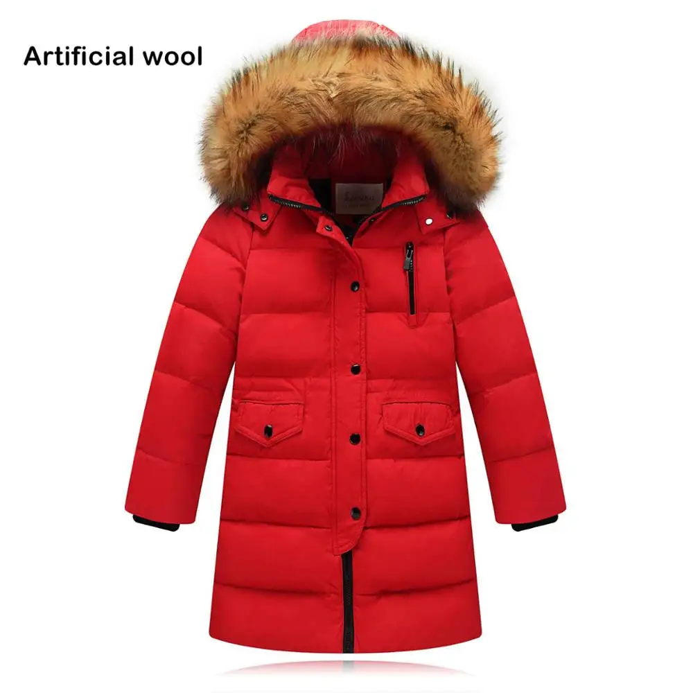 До-30 градусов, детская зимняя куртка зимний комбинезон, утепленная парка детская куртка с капюшоном и натуральным мехом для мальчиков, верхняя одежда Длинные Пальто Пуховые парки для девочек - Цвет: red artificial