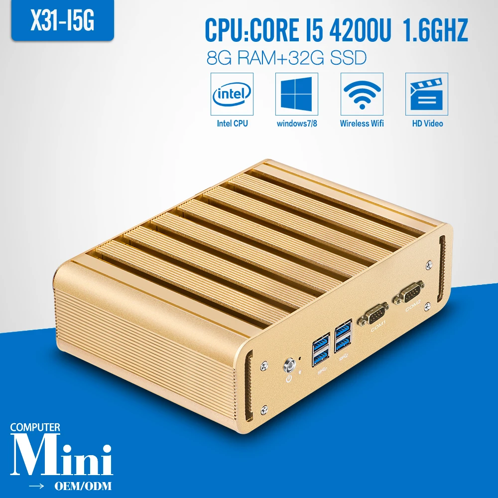 Industrial PC Mini Computer Station Fanless Industrial I5 4200U 8G RAM 32G SSD+WIFI Thin Client Support HD Video